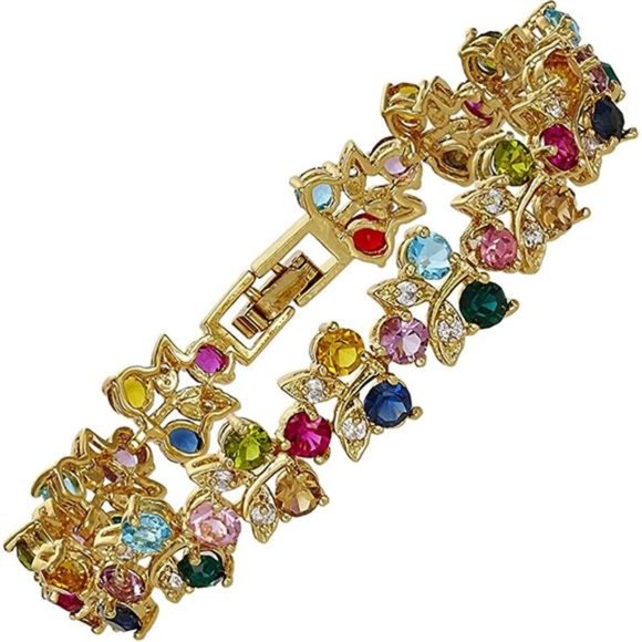 Multi-Color CZ Tennis Bracelet, Yellow Gold Plated, 7" - Picture 3 of 6